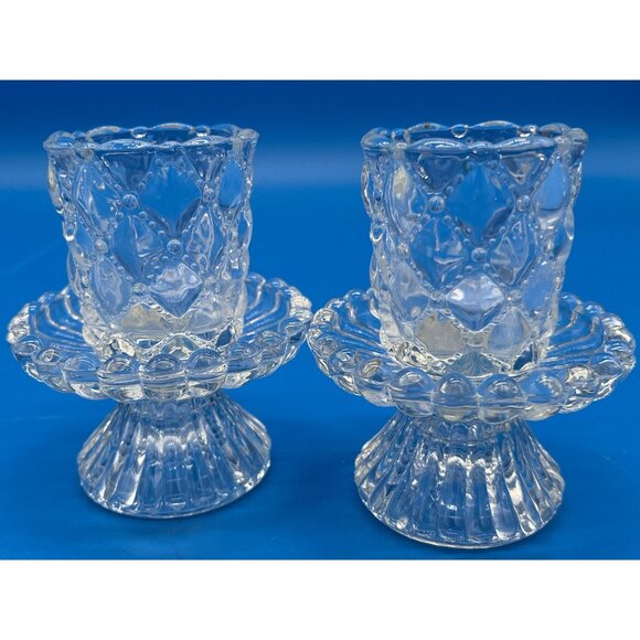 Vintage Crystal Glass Candle Holders Scalloped Pedestal Design Elegant Home Deco - Picture 2 of 6